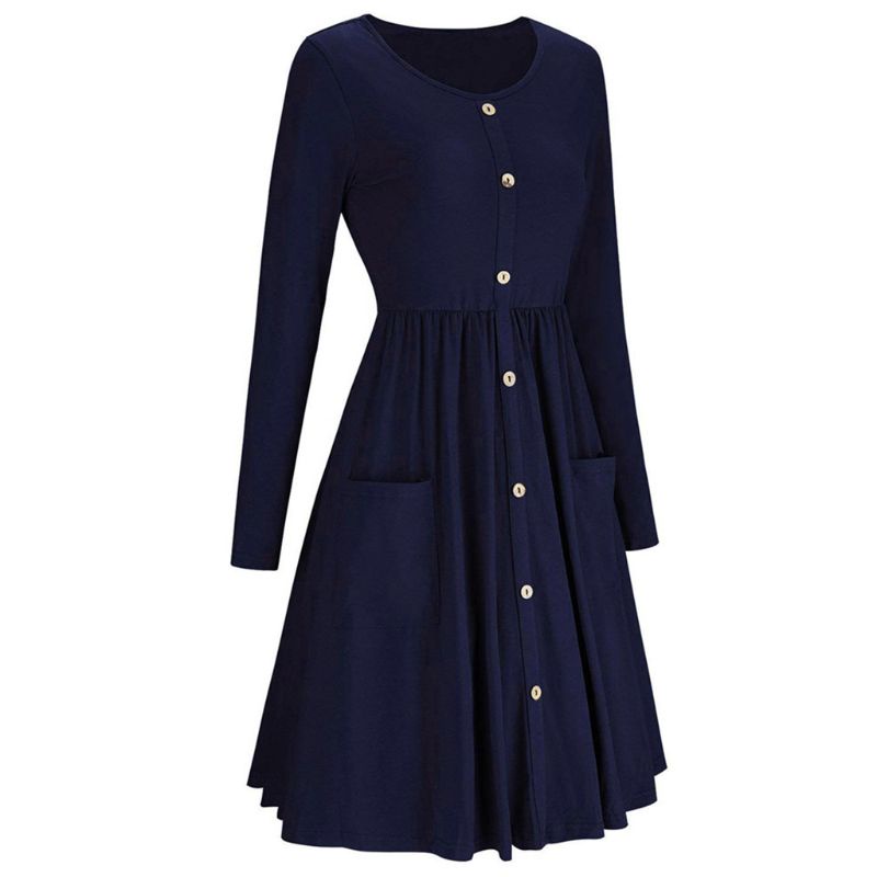 Xiangbao Đầm Xòe Midi Dài Tay Cổ Tròn Màu Trơn Mùa Thu Cho Nữ