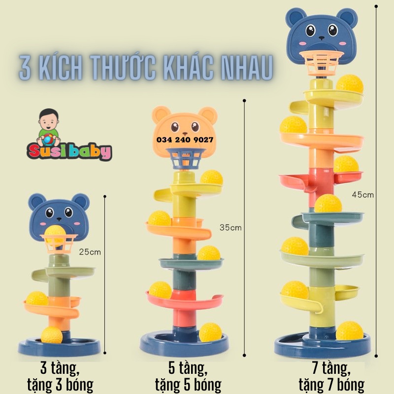 Đồ chơi thả bóng xoay tròn cầu trượt cho bé tháp bóng lăn kèm đồ chơi bóng rổ cho bé