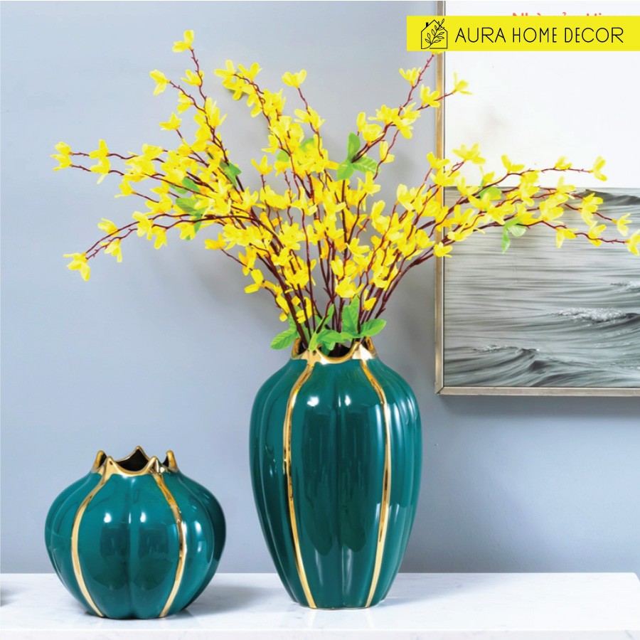 Set đôi lọ hoa xanh/trắng viền vàng decor theo trend #sốngsang cho phòng khách, sảnh khách sạn, kệ, tủ, phòng làm việc