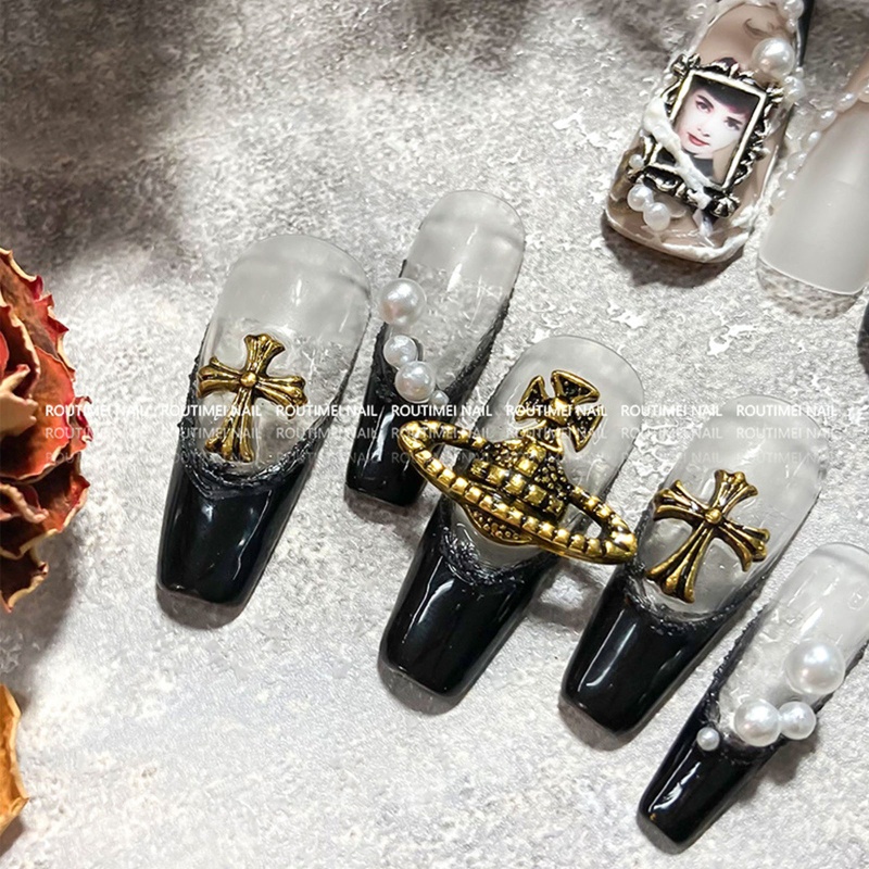 Set 10 Phụ Kiện Trang Trí Móng Tay Nghệ Thuật Hình Thánh Giá Bằng Kim Loại 3d Phong Cách Gothic Vintage