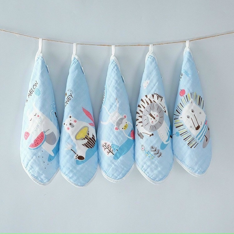 Khăn Rửa Mặt Cho Bé Vải Xô 6 Lớp Xanh Hồng Trắng