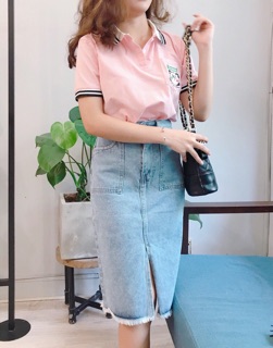 Chân váy jean xẻ dài