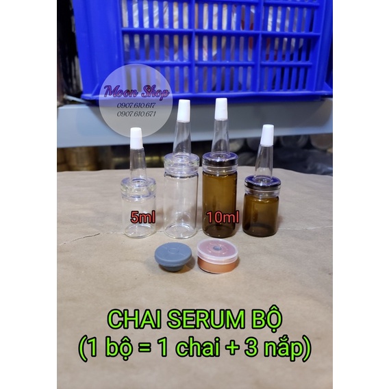 Chai 5ml &amp; 10ml bộ 3 nắp, chai thuỷ tinh đựng serum nắp thiếc