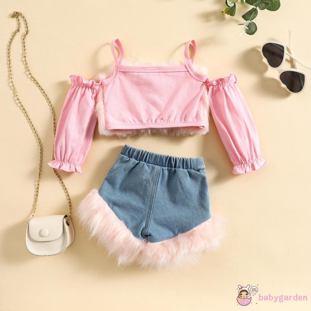 Set Áo Croptop Trễ Vai Tay Dài + Quần Short Denim Phối Lông Dễ Thương Cho Bé Gái 6 Tháng - 4 Tuổi