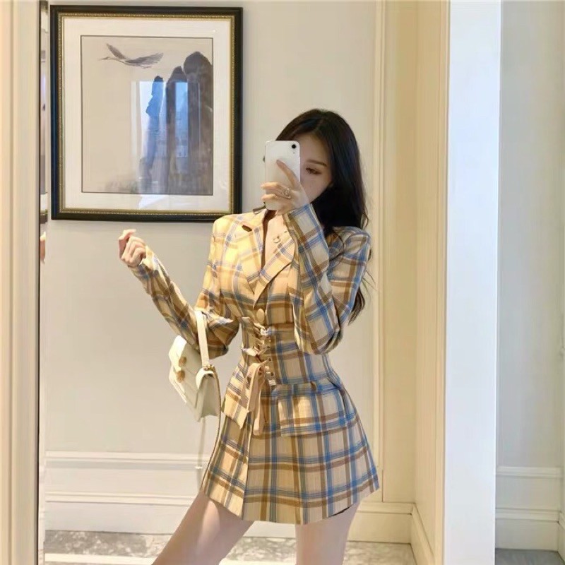 (order) VÁY BLAZER KẺ SỌC THẮT EO ULZZANG HÀN MẪU MỚI THU ĐÔNG