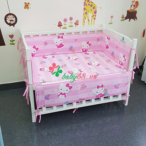 Bộ quây + drap 70x120 voi xanh, Hello kitty, Doremon, em bé khăn đỏ, xe lửa trắng