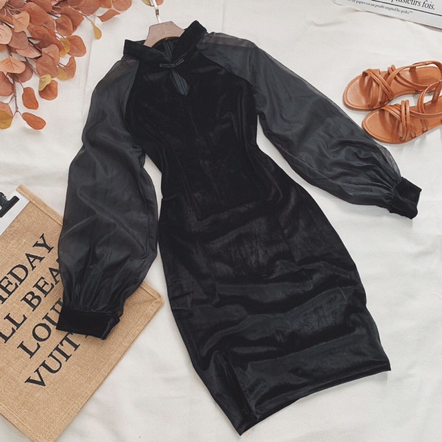 CHINESE DRESS đầm nhung sườn sám phối tay lưới đen, đỏ