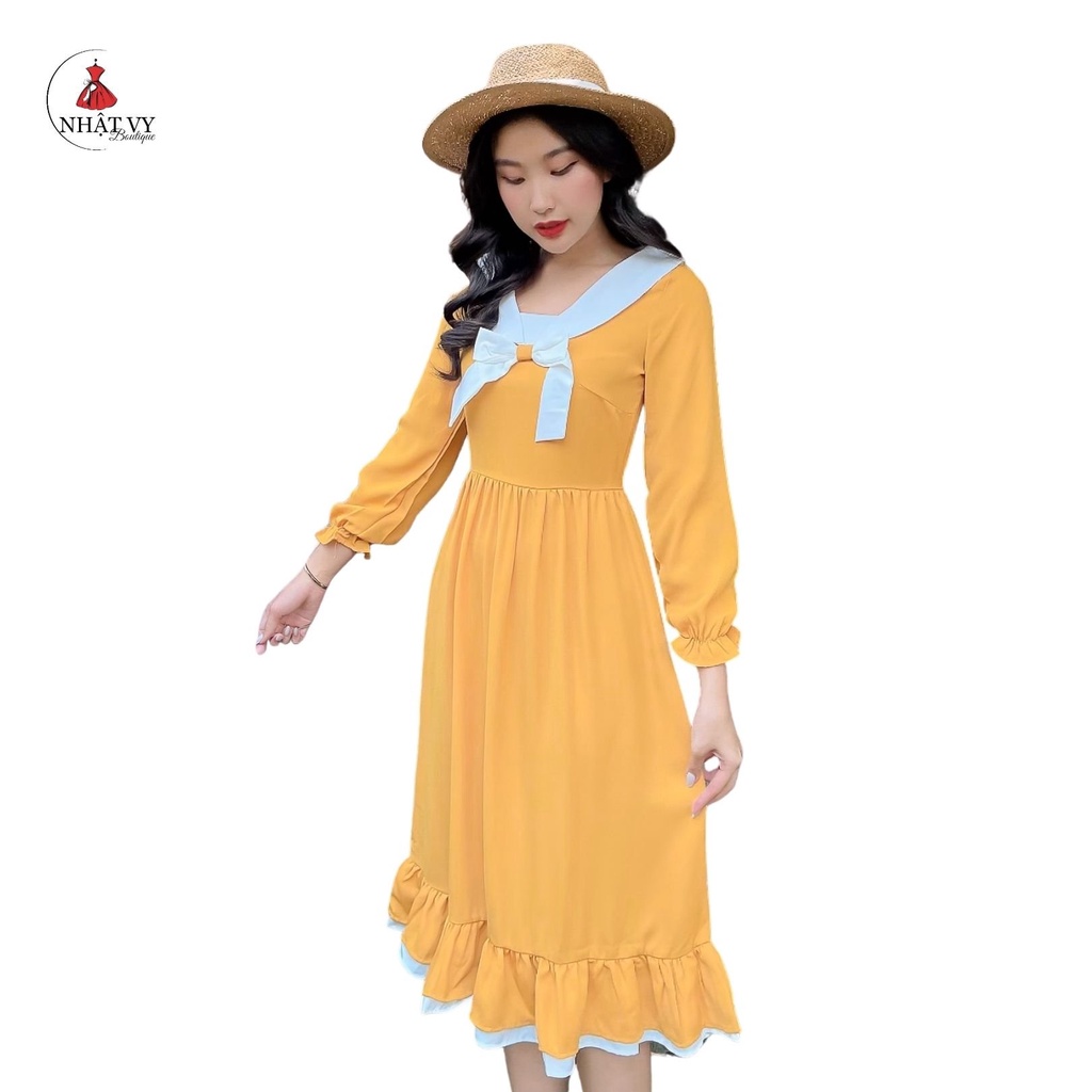 Đầm Đi Chơi NHẬT VY Tay Dài Phối Bèo Cổ Nơ Trắng Chất Cotton Gân Dáng Xoè Màu Đỏ, Vàng - D1826