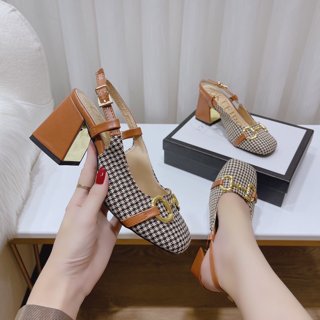 GIÀY CAO GÓT KẺ MŨI VUÔNG HỞ GÓT Vuông/Sandal nữ đẹp phong cách vintage Hàn Quốc siêu hot