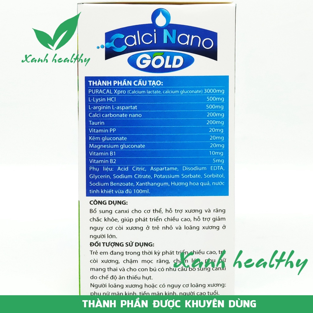 Calci Nano Gold Siro- canxi tăng chiều cao cho bé giúp phát triển xương, giảm còi xương - hộp 20 ống Hàng chính hãng