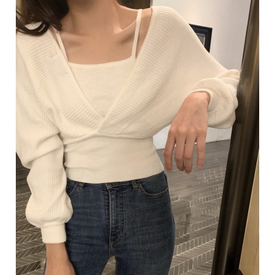 SUXI Áo dệt kim trễ vai cổ V phong cách Vintage thời trang đơn giản cho nữ