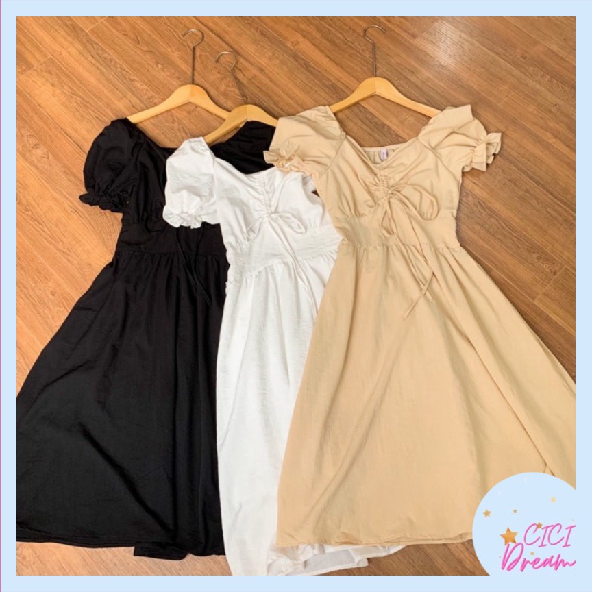 váy nữ babydoll rút dây ngực, đầm dáng xoè nhún ngực cộc tay bồng phối bèo siêu hot mới
