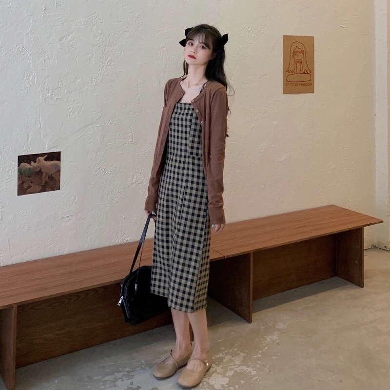 Váy hai dây kẻ nâu dáng dài kiểu dáng vintage Linzstore V165