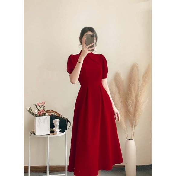 Đầm đỏ tay phồng nút bọc, đầm noel Tết đi chơi cực xinh xắn Rubi Dress