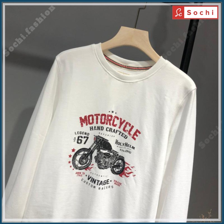 Áo thu đông cổ tròn, áo sweater tay dài mềm mịn vừa người in Motocycle mã SW.620