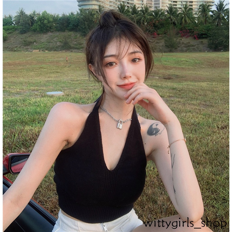 Wittygirls-áo Hai Dây Dệt Kim Ngắn Màu Đen Gợi Cảm Mùa Hè Cho Nữ