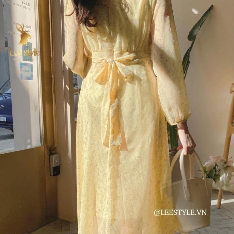 Đầm maxi, váy hoa nhí, váy hoa voan tơ vàng phong cách hàn quốc
