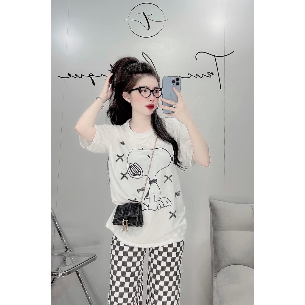 Set bộ áo thun in hình gấu chó + quần ống suông, set áo from rộng quần kẻ caro,bộ quần dài mặc đi chơi mặc nhà siêu xinh