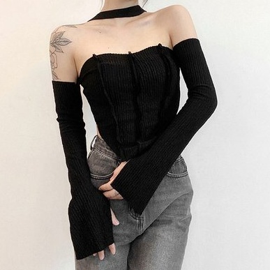[AdorablexBeautiful] Áo Ống Tay Dài Cổ Yếm Trễ Vai Hở Lưng Nhiều Màu Phong Cách Sexy Quyến Rũ Ulzzang
