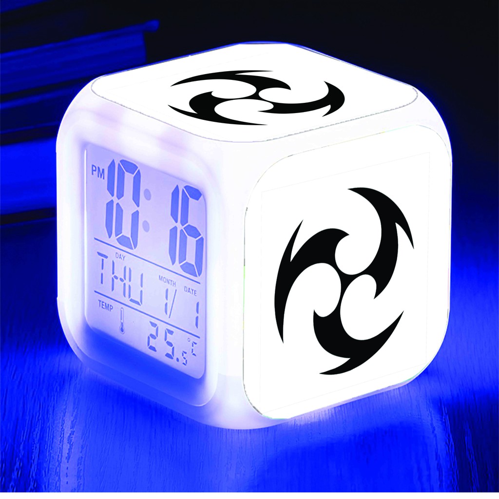 Đồng hồ báo thức để bàn in hình NGUYÊN TỐ VISION GENSHIN IMPACT game chibi anime đèn LED đổi màu M2