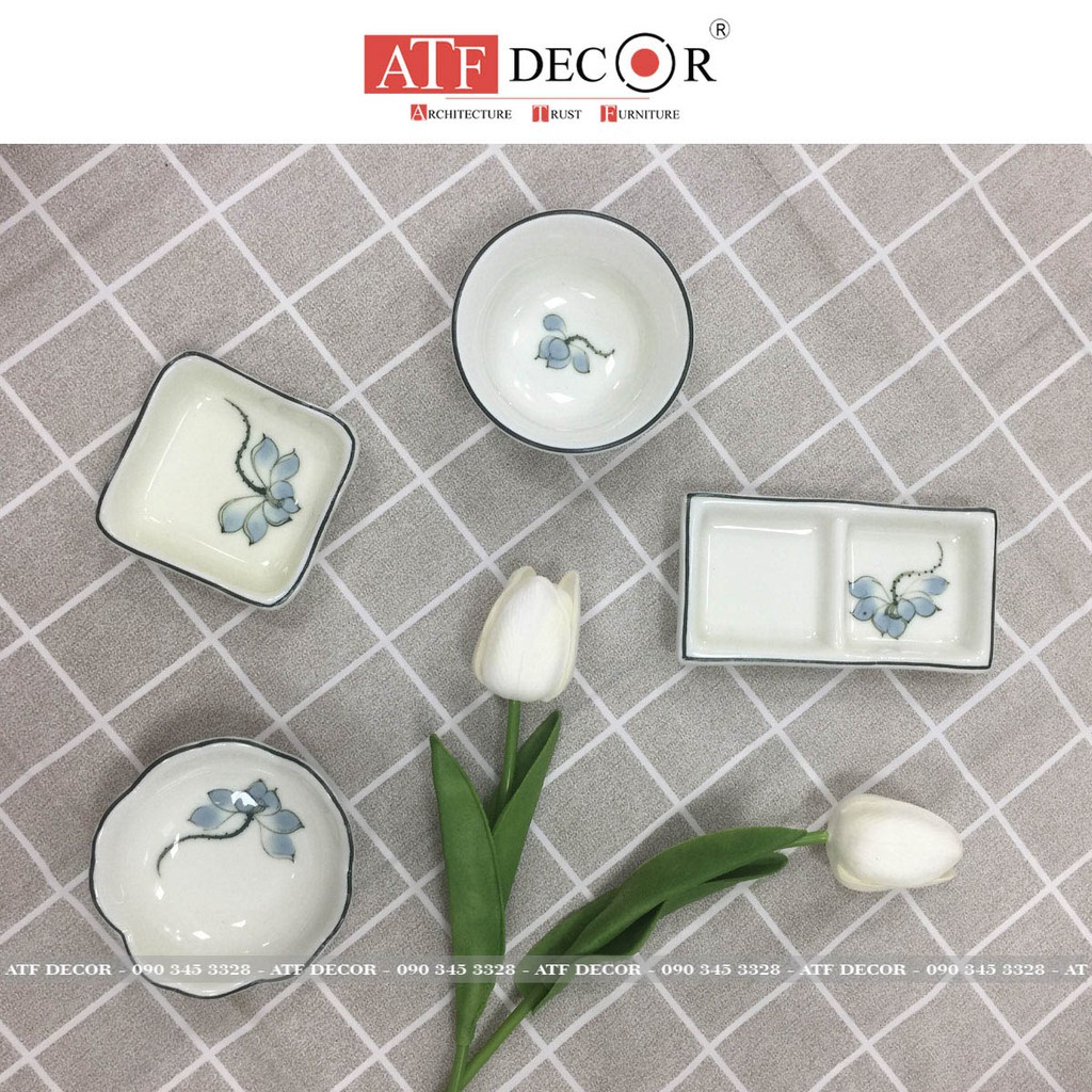 Bộ đĩa gia vị sứ, bát mắm, chén nước chấm Bát Tràng cao cấp vẽ sen xanh