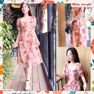 Váy hoa nhí cổ vuông, váy hoa thiết kế nhún eo - V1535