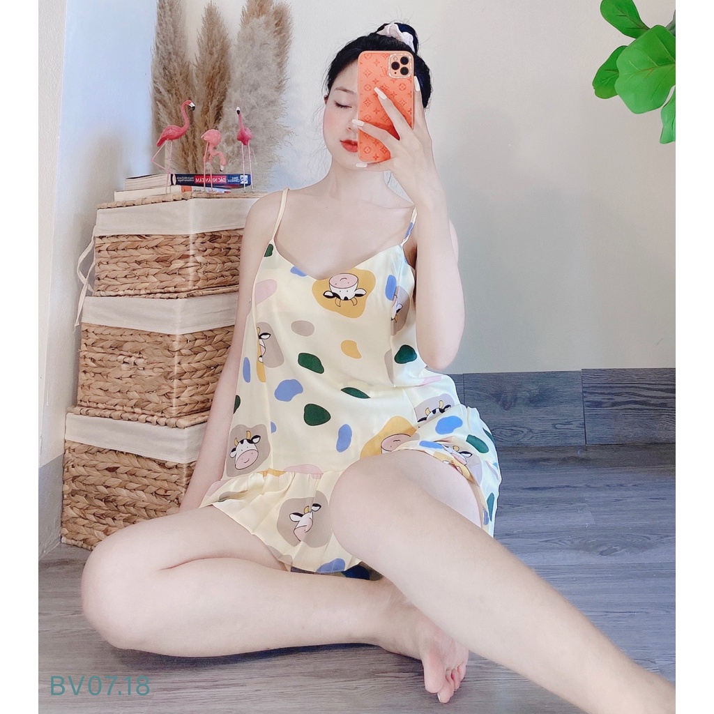 Bộ Đồ Pijama Bộ Ngủ Hai Dây Lụa Satin Cao Cấp - Babimama BV06