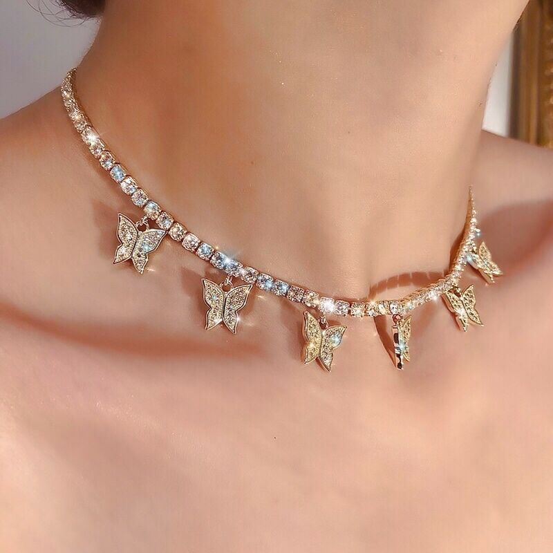 Vòng cổ choker DODDER hợp kim mặt bươm bướm đính đá nhân tạo thời trang Hàn Quốc dành cho nữ