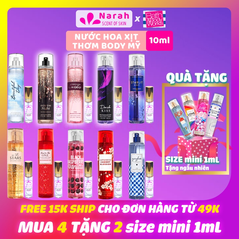 Xịt thơm body mist Bath and body works Mỹ đủ mùi hương nước hoa & dưỡng ẩm da - Narah ScentOfSkin