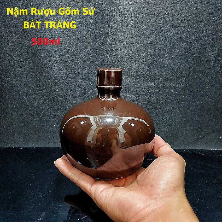 Nậm Rượu 500ML gốm men sứ Bát Tràng cao cấp – Mẫu Bầu Tròn màu Nâu Đỏ – Nậm Đựng Rượu chất lượng đảm bảo