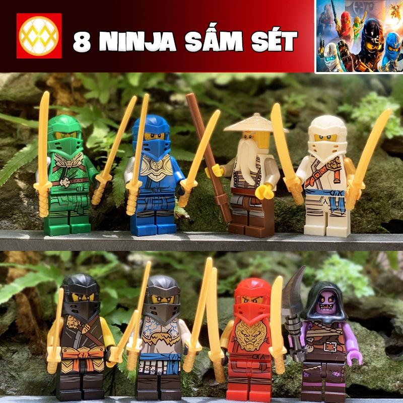 Bộ đồ chơi Lego Ninjago sấm sét gồm 8 nhân vật Lego Minifigures Ninja kèm vũ khí có thể phát sáng