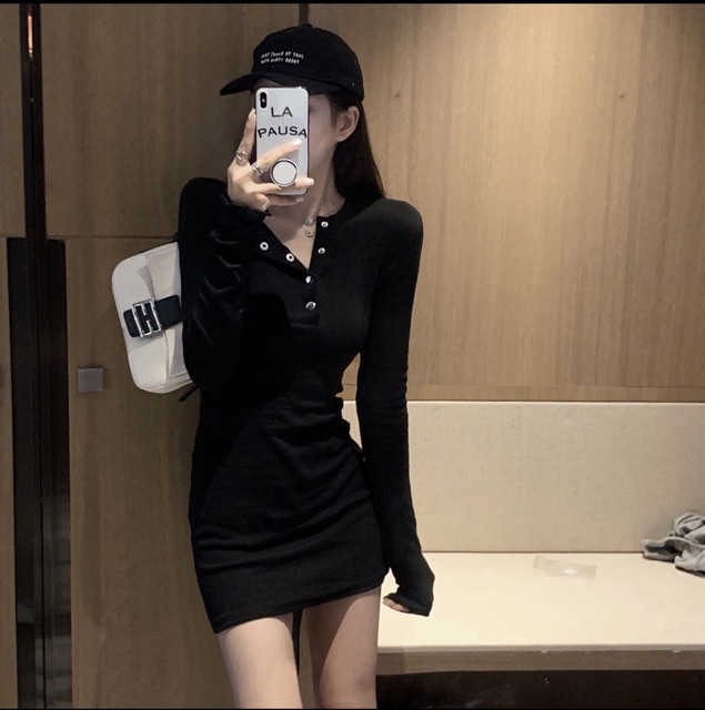 Váy dài tay nút bấm body vải co dãn (ap) | BigBuy360 - bigbuy360.vn