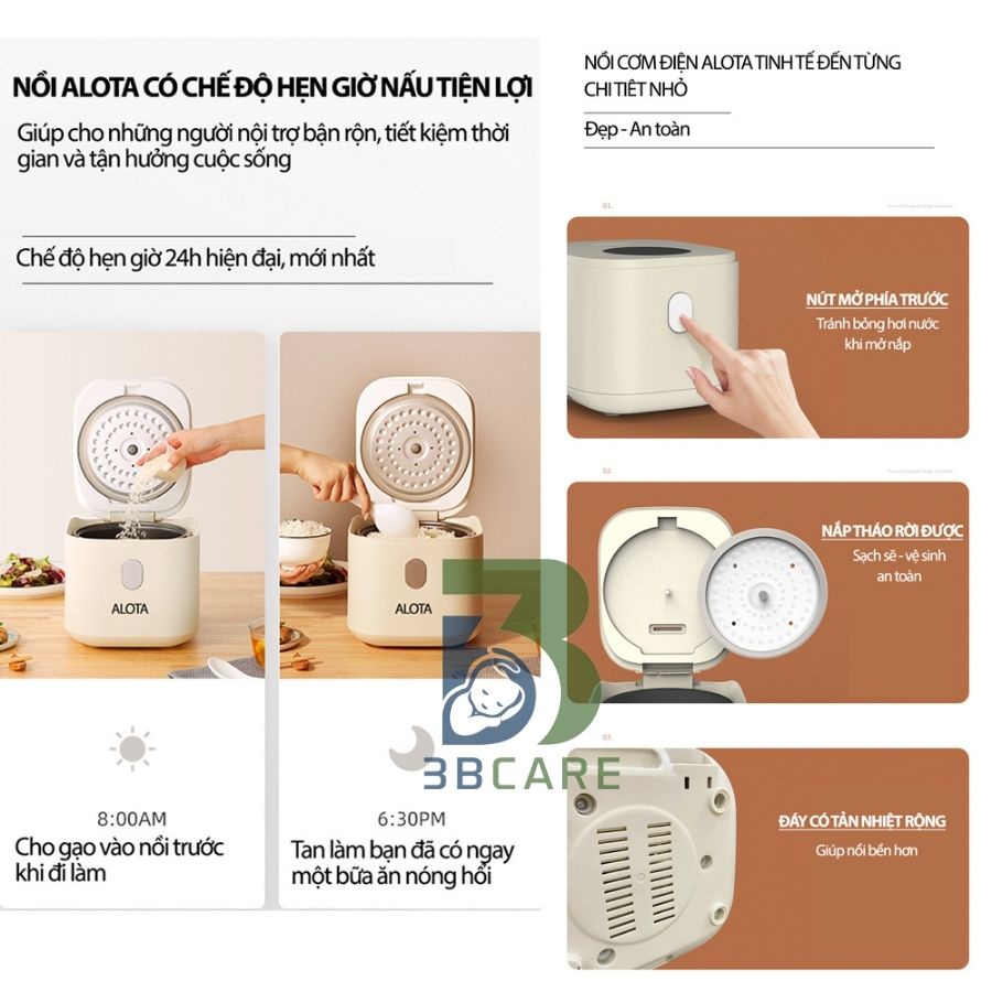 Nồi cơm điện mini ALOTA 2,5 lít N33 8 chế độ nấu: thay nồi nấu cháo, chè, hấp - Shop 3B Care