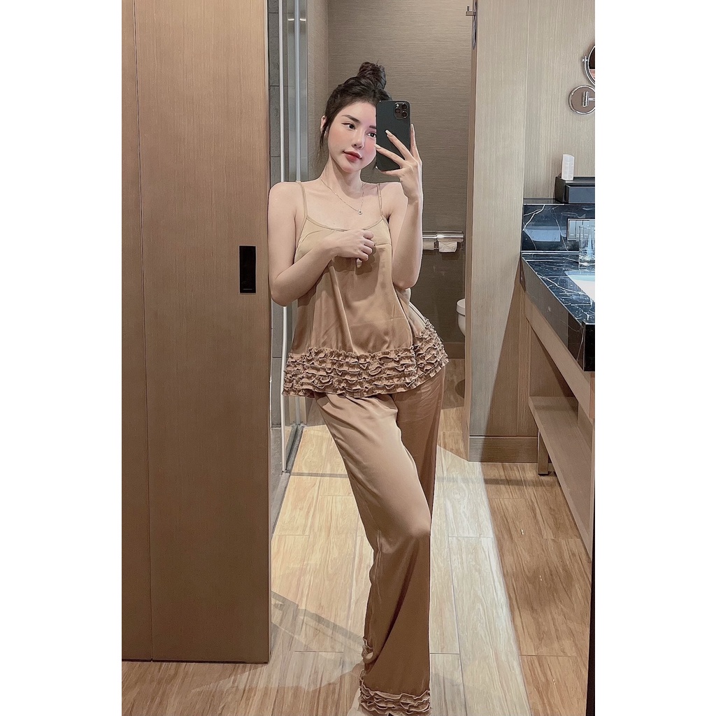 Set Đồ Bộ Áo 2 Dây & Quần Dài Bèo Nhún Lụa Latin Cực Mát Freesize