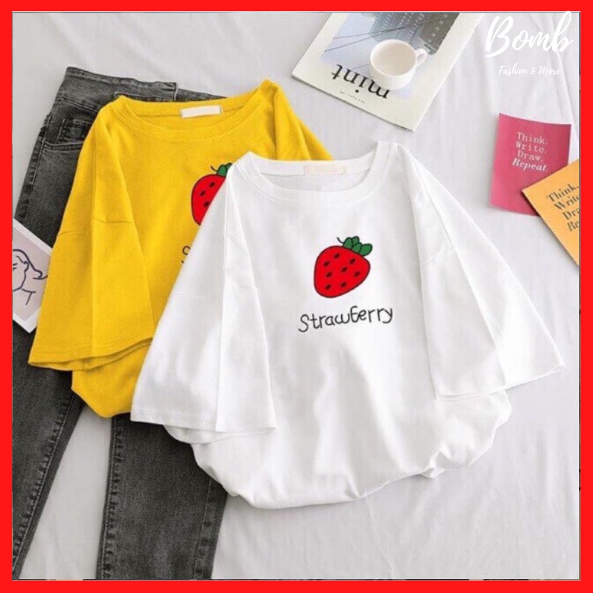 Sale Hot! Áo thun nam nữ form rộng tay lỡ ( 40-70kg) in quả dâu đáng yêu, áo phông dáng rộng siêu hot hit giá rẻ
