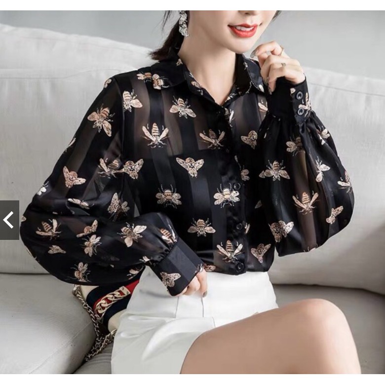 Sơ mi voan tay dài họa tiết con ong thời trang A082
