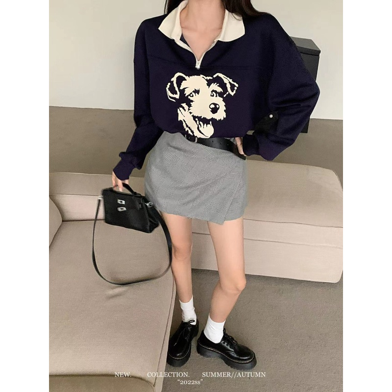 Áo sweater Tay Dài Dáng Rộng Cổ POLO In Họa Tiết Màu Tương Phản Thời Trang Mùa Hè Hàn Quốc 2022 Mới