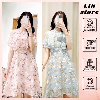 Váy Nữ Hoa Nhí Xanh Ngọc Khoét Vai,Đầm Nữ, Đi Biển, Đi Chơi Chất Liệu Voan Lụa Váy 2 Lớp LINSTORE Thiết Kế 98.Studio