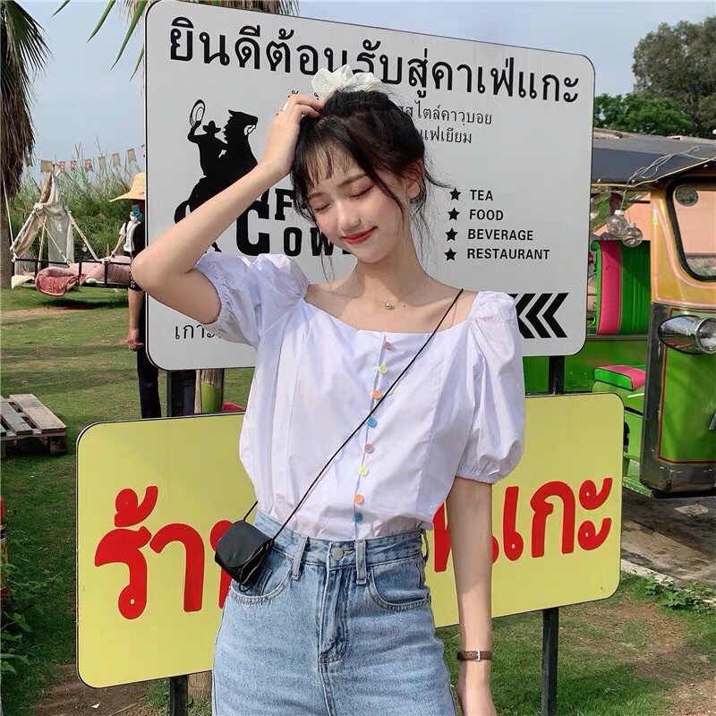 Áo hở vai áo kiểu nữ tay phồng ngắn cổ vuông màu tím dễ thương điệu đà sang chảnh thời trang 2020 | BigBuy360 - bigbuy360.vn