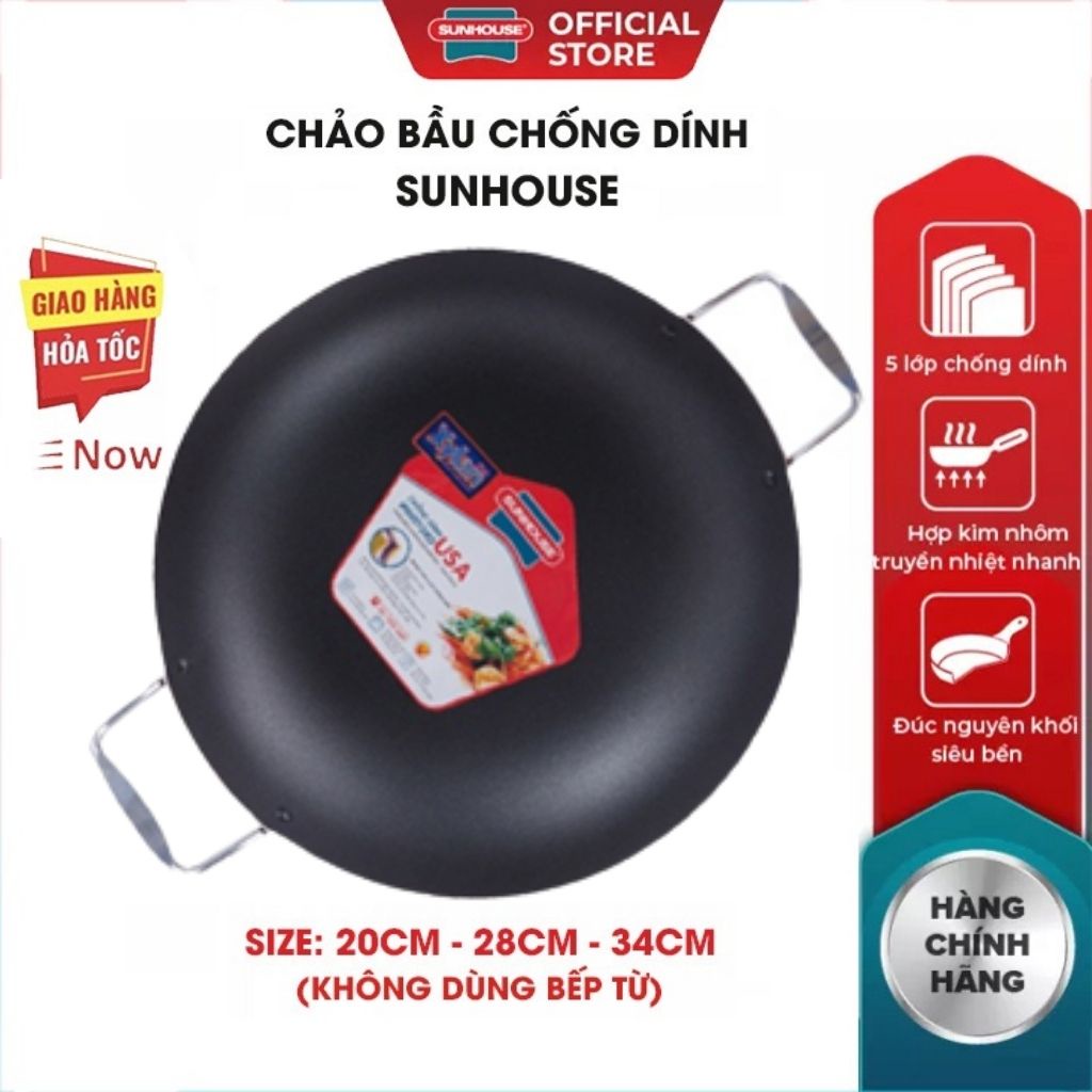 Chảo chống dính bầu SUNHOUSE SHG1220R-SHG1234R-2022 sâu lòng hợp kim nhôm tay cầm chịu nhiệt tốt chống trầy xước