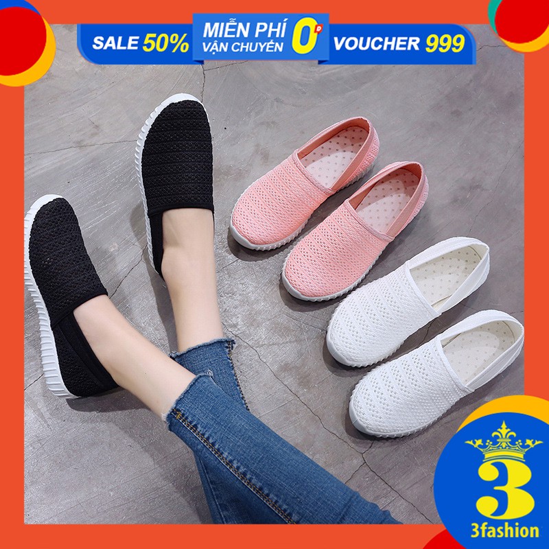 [Mã MSFT20877 giảm 300.00K] Giày Lười Nữ Vải Lưới Đan Móc Đế Trắng Cao Su Êm Chân -