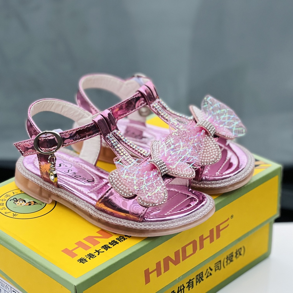 sandal bé gái - dép quai hậu mẫu mới cho bé siêu hot, bền da bóng đính đá sang chảnh gắn nơ xinh xắn 0822 ( có video )