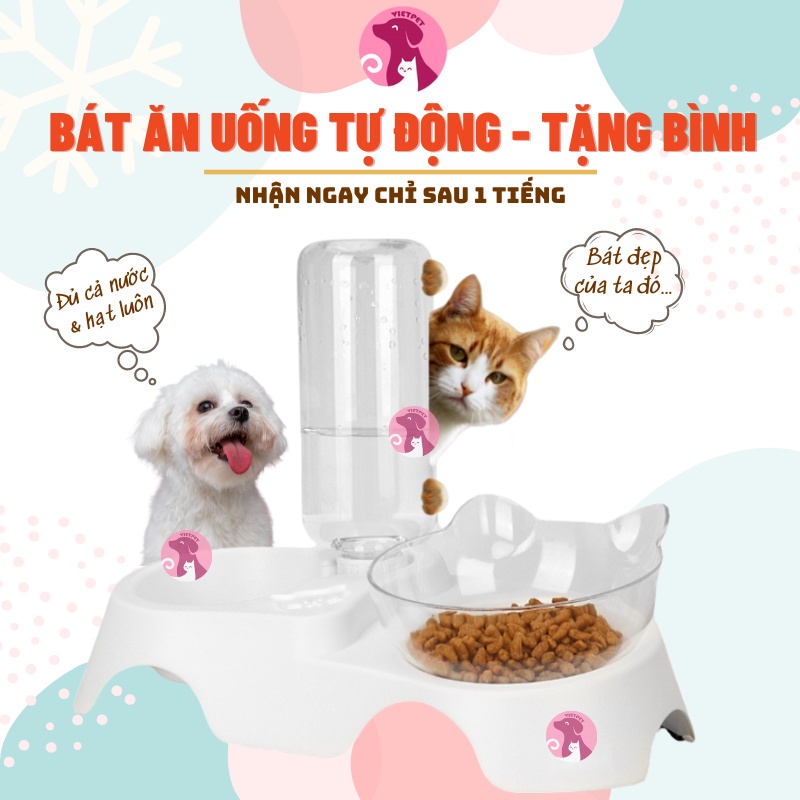 Khay bát ăn uống tự động VIETPET (Tặng bình to) - Chất lượng cao - Đẹp &amp; Bền - Bát nghiêng 15 độ giúp thú cưng ăn dễ hơn