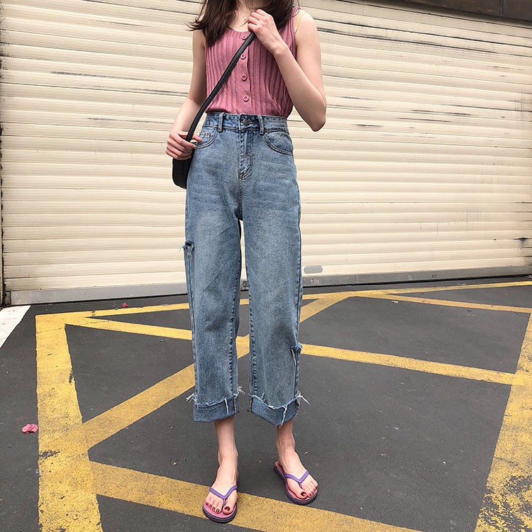 Quần jeans nữ ống rộng suông cạp cao Emilyshop phong cách ulzzang