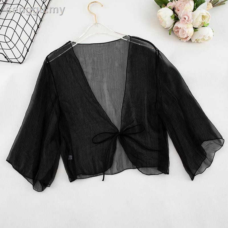 Áo Khoác Cardigan Tay Lửng Cổ Chữ V Chất Chiffon Phối Ren Hoa Thời Trang Mùa Hè Cho Nữ