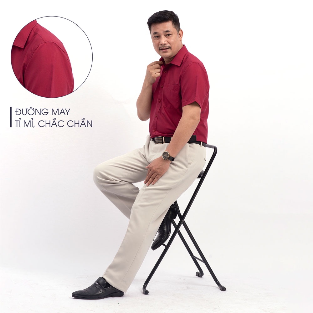 Áo Sơ Mi Nam Ngắn Tay Trung Niên ANCHI Classic Cotton Trơn Màu Đỏ Đô Cao Cấp