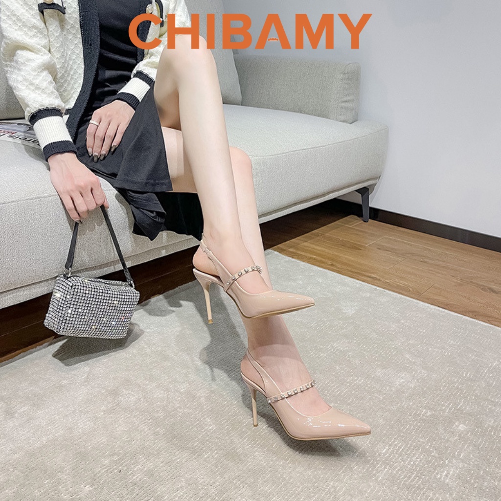 Giày cao gót nữ mũi nhọn đính đá Rhinestone gót nhọn cao 9cm hở gót hàng cao cấp CHIBAMY