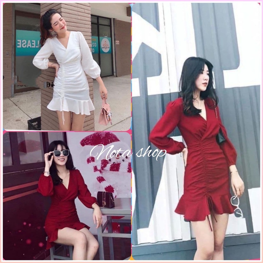 Đầm cổ V rút bên hông tà đuôi cá dễ thương, ĐẦM RÚT DÂY ĐUÔI CÁ