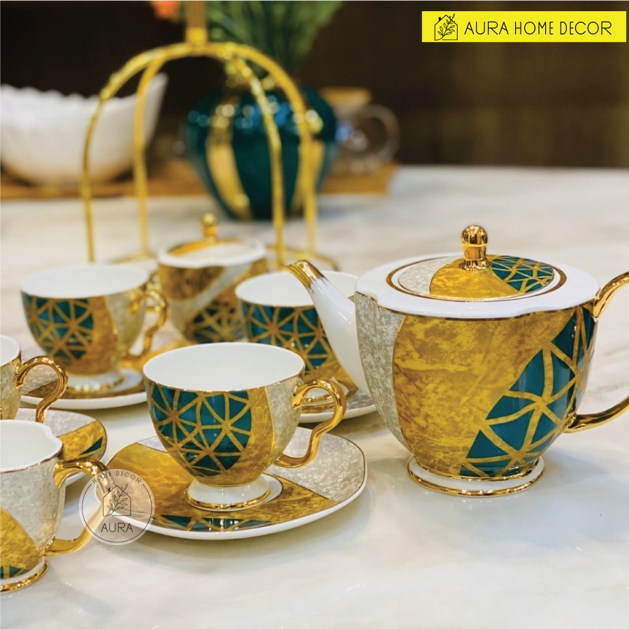 Bộ ấm trà sứ Bone China cao cấp viền dát v.àng 24K - Sang trọng, đẳng cấp