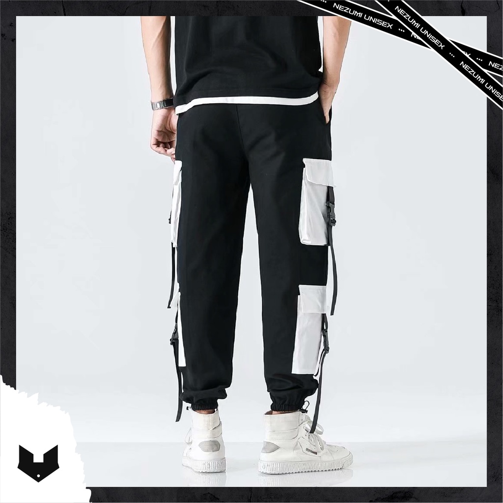Quần jogger unisex nam nữ boxpant line đen trắng đai túi hộp tập gym, hiphop đường phố